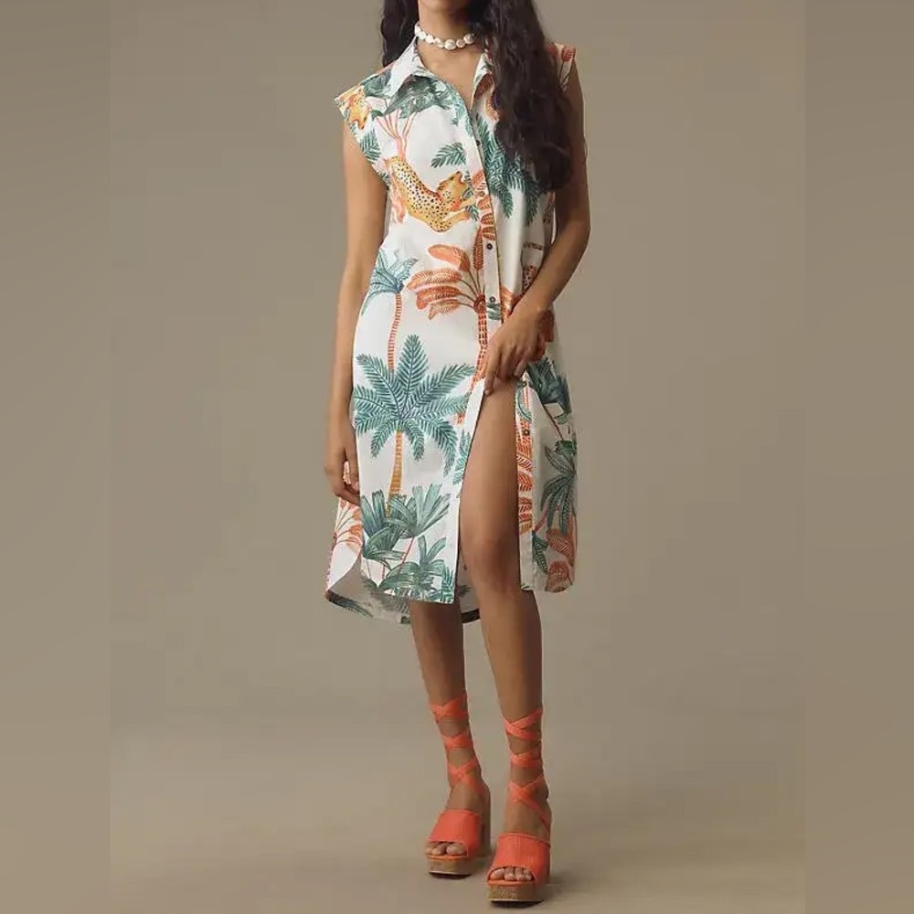 Anthropologie Maeve Lillian Cap Sleeve Button Front Midi Dress🤍